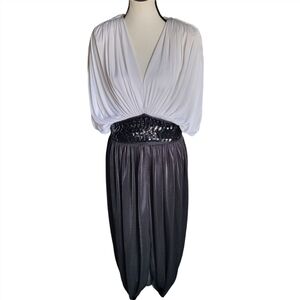 80s Lizzy & Johnny Black White Vneck Dress Shoulder Pads Sequin Sz 12 (modern 6)